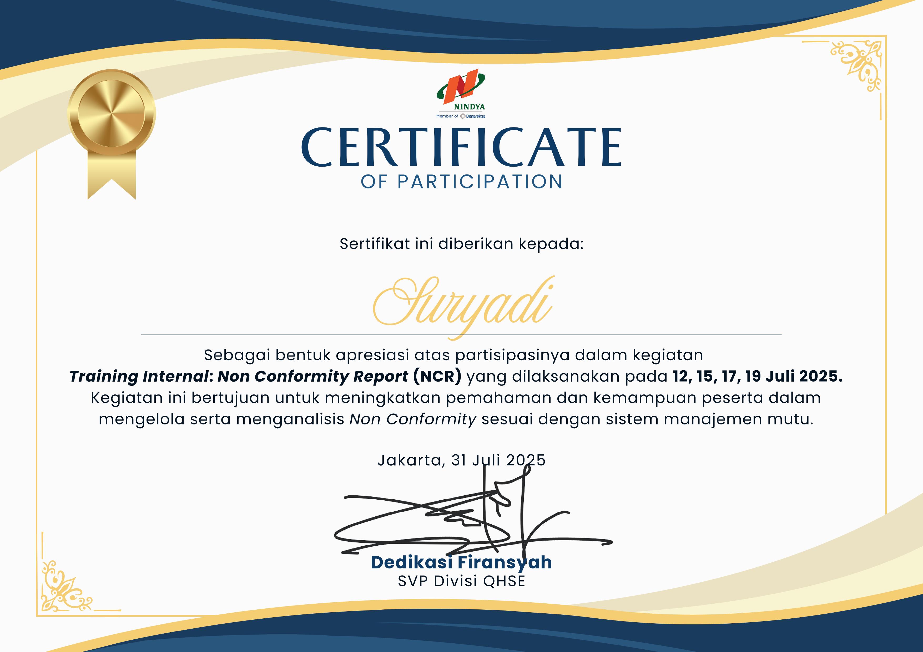 Sertifikat Quality Control NCR